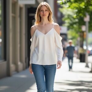 Mare Mare Anthropologie Cold Shoulder V Neck Cream Blouse Top Women's Size Large